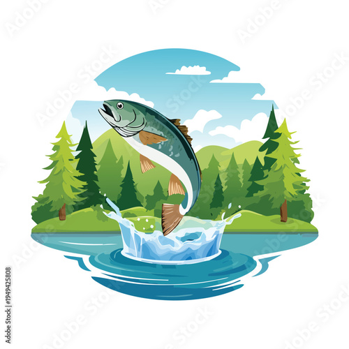 Jumping fish illustration over water with trees and mountains background