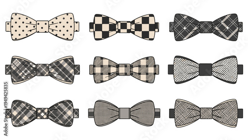 Collection of nine stylish bow ties featuring various patterns such as polka dots, checkers, and plaid in neutral tones.
