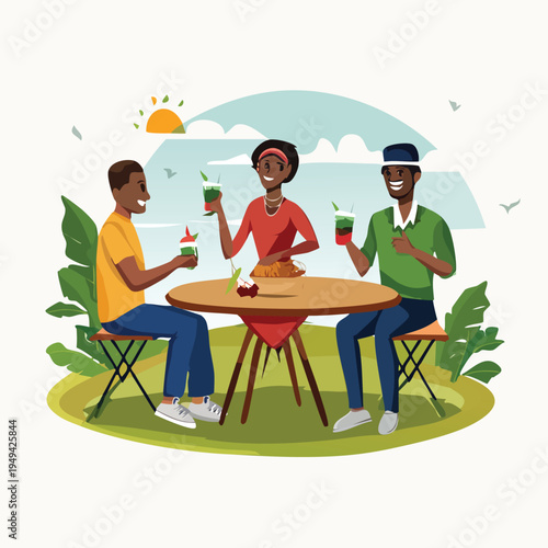 Three people enjoying food and drinks at a table in a bright outdoor setting