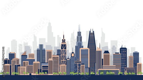 Detailed architectural skyline of a modern metropolitan city featuring numerous skyscrapers and office buildings.