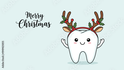 Adorable cartoon tooth character wearing festive reindeer antlers and holly berries to celebrate the merry christmas season.