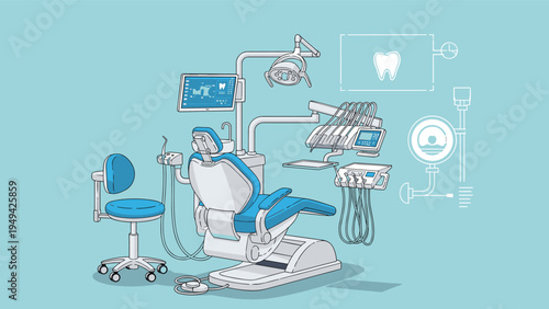 Professional dental surgery room equipment featuring a blue adjustable chair, overhead lights, and various medical instruments.