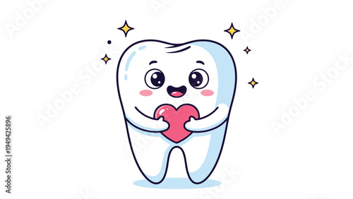 Adorable white tooth character smiling happily while hugging a pink heart symbol surrounded by sparkling golden stars.