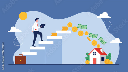 Ambitious businessman climbs a set of stairs leading to his dream home while money in coins and bills falls into the chimney.