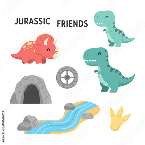 Colorful cartoon dinosaurs and friends.