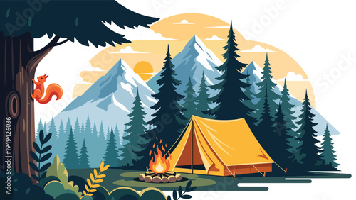 Serene mountain camping landscape at sunset with a yellow tent, a warm campfire, and a cute squirrel on a pine tree trunk.