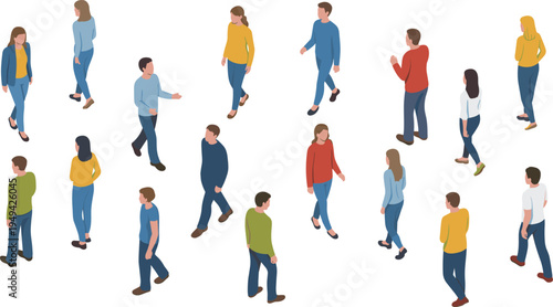 isometric people walking set, diverse men and women characters walking in different poses, modern flat vector crowd illustration