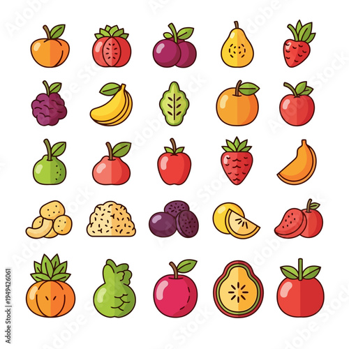 Colorful cartoon fruit icons set.