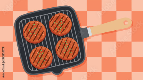 Four round grilled meat burger patties cooking on a black square cast iron grill pan over a red checkered tablecloth.