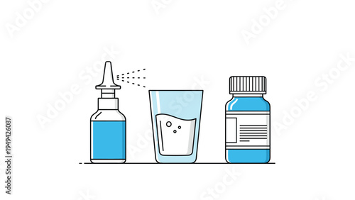 Set of medical supplies for flu and cold treatment including a nasal spray, a glass of water, and a blue medicine bottle.