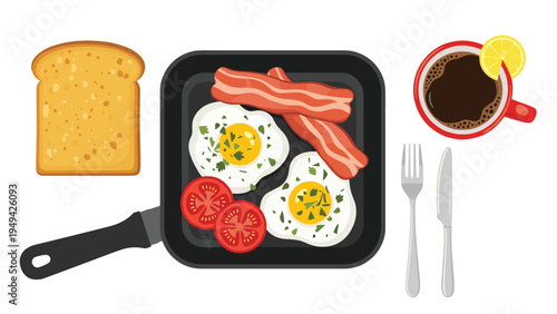 Balanced morning breakfast spread featuring fried eggs, bacon, tomatoes, a slice of toast, and a cup of black coffee with lemon.