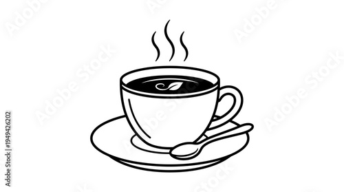 Steaming Cup of Coffee on Saucer.