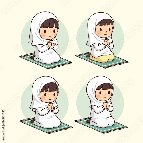 Muslim girl praying on green mat.