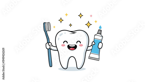 Adorable white tooth character smiling brightly while holding a dark blue toothbrush and a tube of toothpaste with a cap.