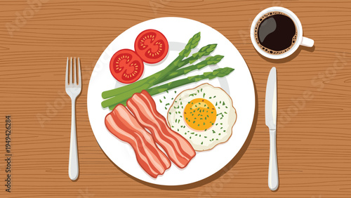 Tasty breakfast platter on a wooden table including crispy bacon, a fried egg, green asparagus, and sliced fresh tomatoes.