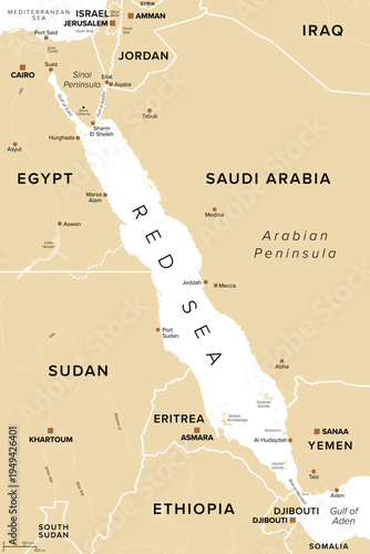 Red Sea, political map. Indian Ocean inlet between Africa and Asia connected in the south by Bab-el-Mandeb Strait and Gulf of Aden. To the north Sinai Peninsula, Gulf of Suez and Gulf of Aqaba. Vector