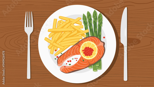 Gourmet dinner plate featuring a grilled salmon steak with lemon and caviar, golden french fries, and green asparagus.