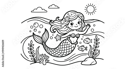 Cartoon mermaid smiling underwater scene.