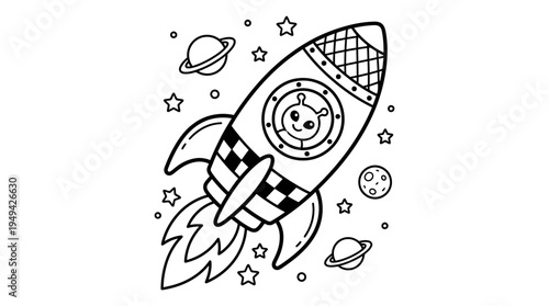 Smiling cartoon rocket ship blasting off.