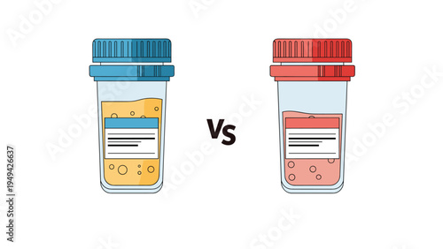 Comparison of two medical sample containers with yellow and red liquids for clinical analysis and laboratory diagnostic testing.