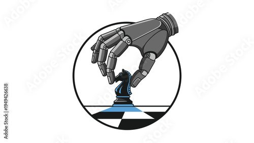 Robotic Hand Moving Black Chess Knight Piece on Checkered Board Vector Illustration for AI Strategy and Automation Concepts