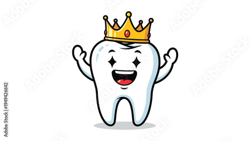Happy cartoon tooth character wearing a golden crown representing excellence in dental care and superior oral hygiene standards.