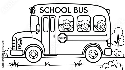 School Bus with Happy Children Inside.