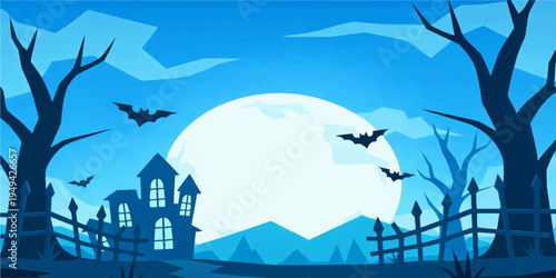 Vector illustration of a Halloween night landscape with a dark forest under a blue sky and moonlit clouds over distant winter mountains and a cold sea