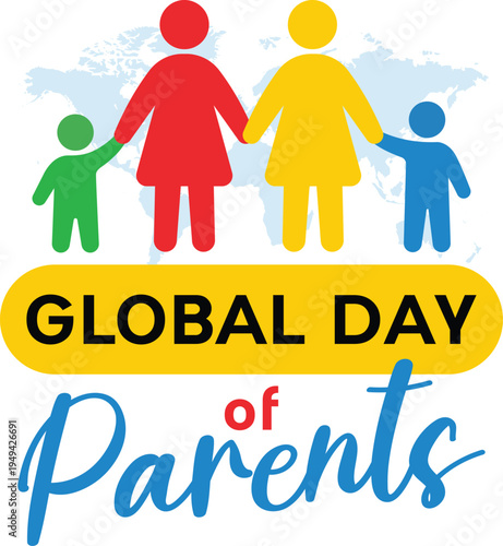 Global Day of Parents vector illustration with diverse family silhouettes holding hands on a world map background, celebrating parenthood and family values