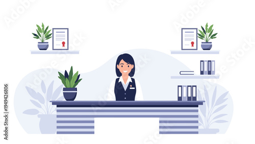 Professional receptionist sitting at a modern office desk in a lobby with plants and shelves for business customer service.