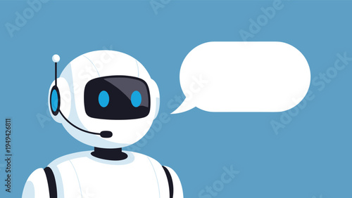 Modern white artificial intelligence robot with a headset and a blank speech bubble for communication and customer support.