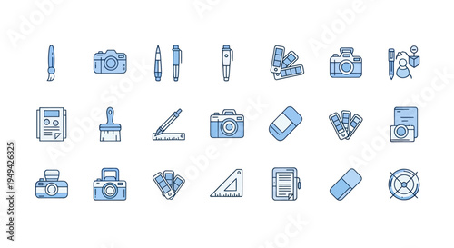 Graphic design icons in blue outlined style