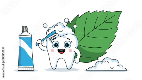 Happy cartoon tooth character brushing itself with a toothbrush and foam next to a toothpaste tube and a fresh mint leaf.