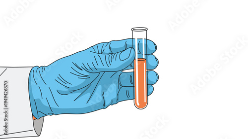 Close up of a hand wearing a blue surgical glove holding a glass test tube filled with orange liquid for laboratory analysis.