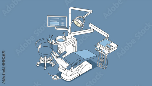 Isometric illustration of a professional dental office with specialized medical equipment, examination chair, and computer station.