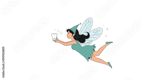 Magical tooth fairy character with wings flying through the air while holding a small white tooth for children's dental lore.