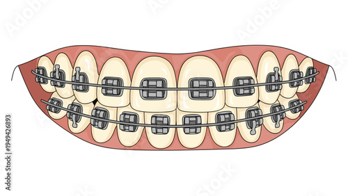 Illustration of human teeth with metal dental braces for orthodontic treatment and correcting tooth alignment and smile.