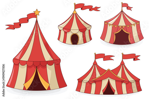 Circus Tent Vector Cartoon Flat Icon Set, Classic Carnival Big Top Tent Illustrations Isolated on White Background, Retro Amusement Festival Symbols for Posters, Stickers, Kids Design, and Branding