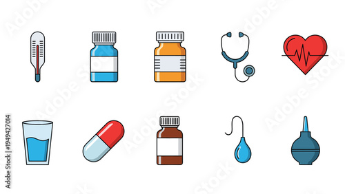 Set of ten flat medical icons including medicine bottles, thermometer, stethoscope, pills, and glass of water for healthcare.