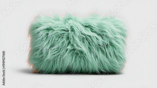 A fluffy rectangular mint green faux fur cushion isolated on a white background