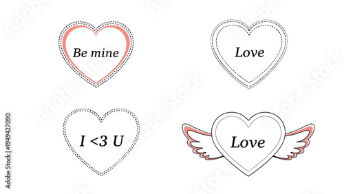 Collection of four different Valentine's Day heart designs with romantic text and wings for greeting cards and decorations.