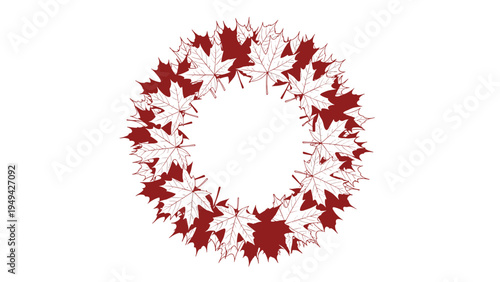 Circular wreath composed of detailed white and red maple leaves for autumn season decoration and botanical design frames.