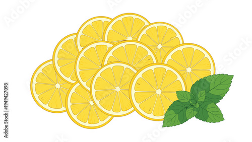 Pile of fresh yellow lemon slices garnished with green mint leaves for a refreshing and aromatic culinary ingredient.