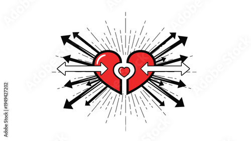 Broken heart illustration with multiple black and white arrows pointing in different directions symbolizing emotional pain and recovery process.