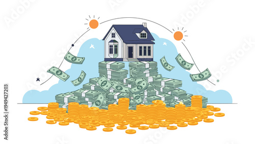 Small suburban house standing on top of large piles of green dollar banknotes and gold coins representing real estate investment and wealth.