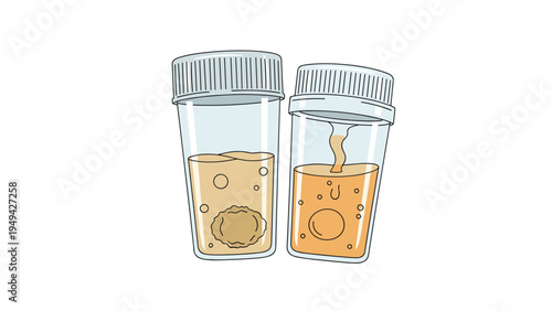 Two medical specimen containers filled with yellow and orange liquid samples used for urine analysis or clinical laboratory testing.