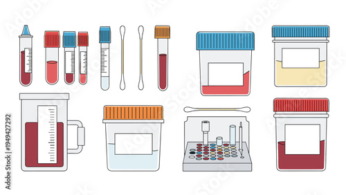 Comprehensive set of medical laboratory equipment including test tubes with blood samples specimen containers and sterile cotton swabs.