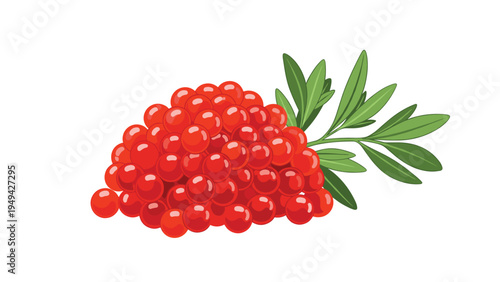 Large pile of red salmon caviar pearls next to a green branch with leaves symbolizing gourmet food and luxury seafood delicacy.