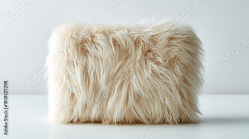 Luxurious fluffy white fur clutch with soft texture and luxurious feel isolated on a white background