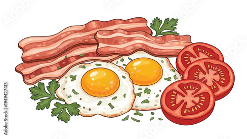 Hearty breakfast plate with crispy fried bacon strips two sunny side up eggs fresh tomato slices and parsley sprigs on white.